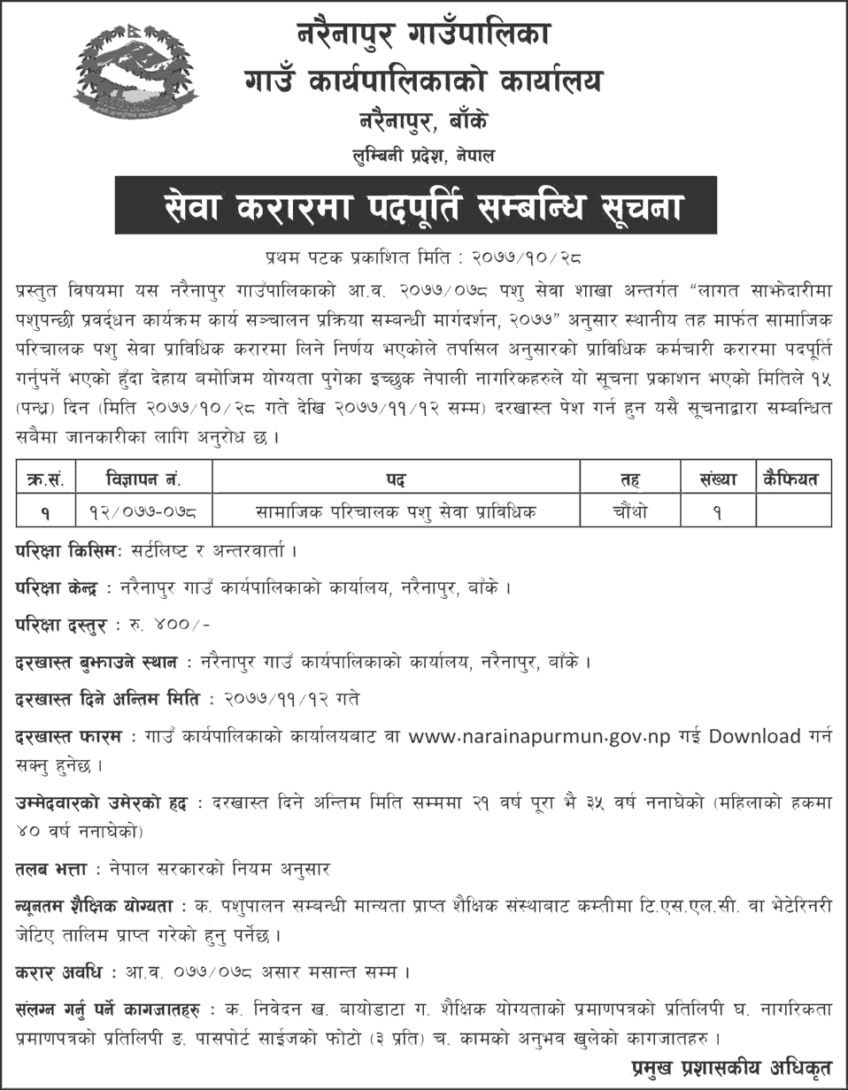 Narainapur Rural Municipality (Gaupalika) Vacancy for VJTA