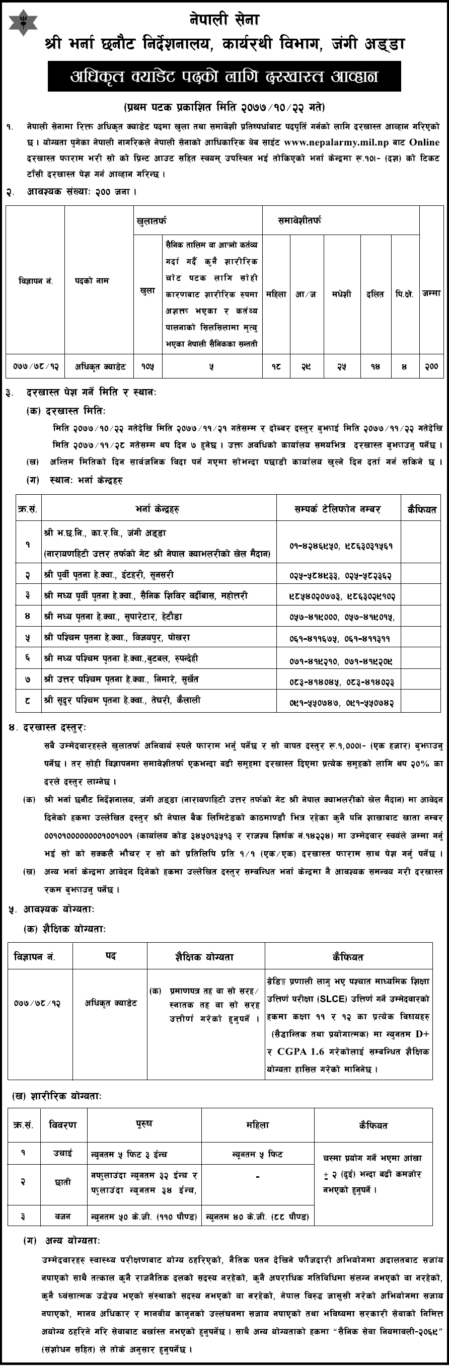 Nepal Army Officer Cadet Vacancy 2077