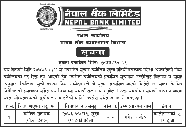 Nepal Bank Limited (NBL) Selected Alternative Candidate for the Post of Gold Tester