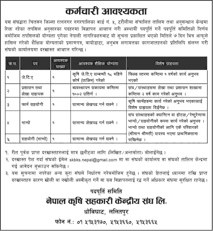 Nepal Krishi Sahakari Kendriya Sangh Vacancy Announcement