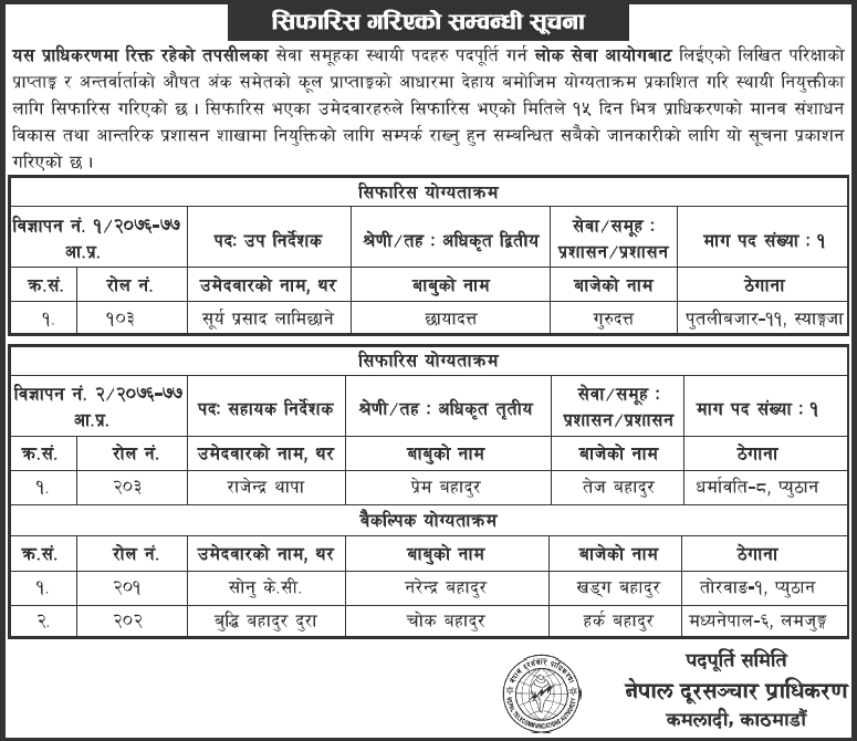 Nepal Telecommunications Authority (NTA) Final Result and Appointment