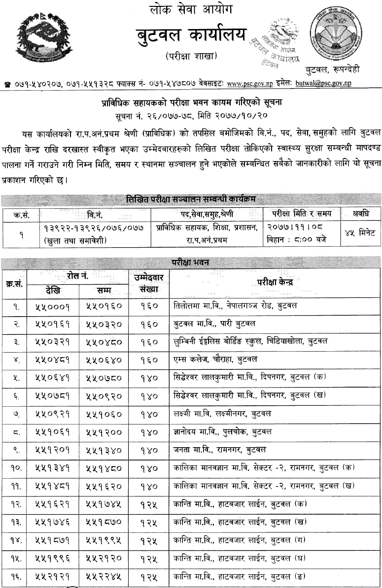 Prabidhik Sahayak (Prasa Nasu) Education Group Written Exam Center Butwal Lok Sewa Aayog