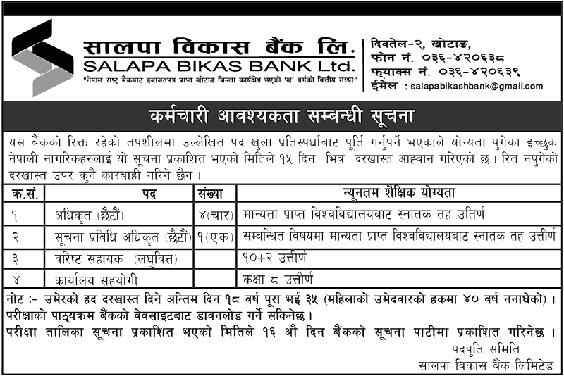 Salapa Bikas Bank Limited Job Vacancy Announcement