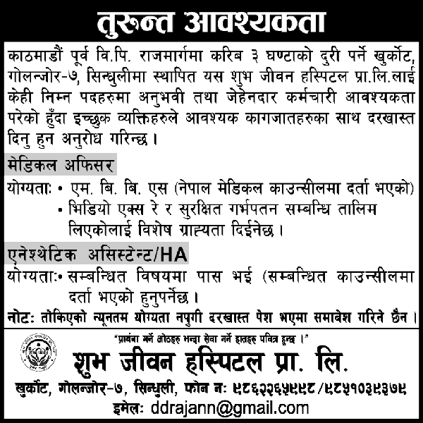 Shubha Jeewan Hospital Vacancy for Medical Officer and Anesthesia Assistant HA
