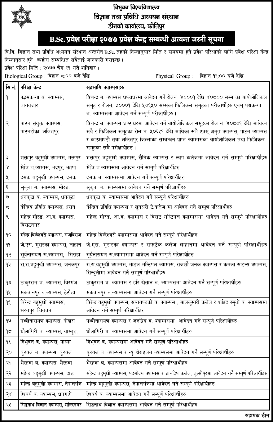 B.Sc. Level Entrance Exam Center 2077 Tribhuvan University