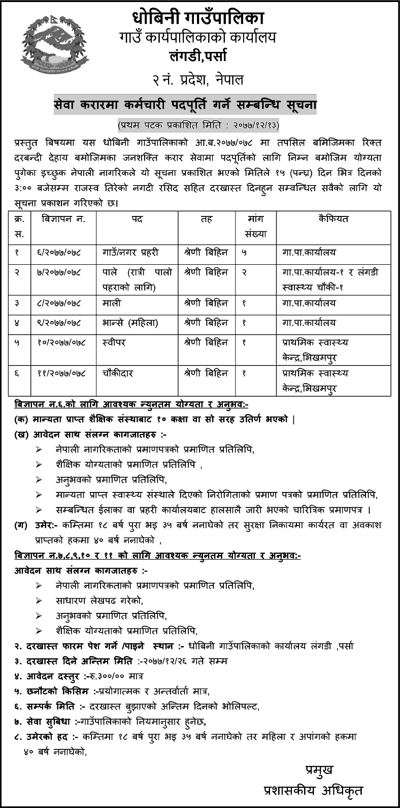 Dhobini Rural Municipality Vacancy for City Police, Security Guard, Mali, Sweeper and Chaukidar