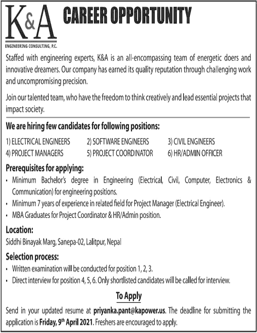 KandA Engineering Consulting Vacancy for Various Positions