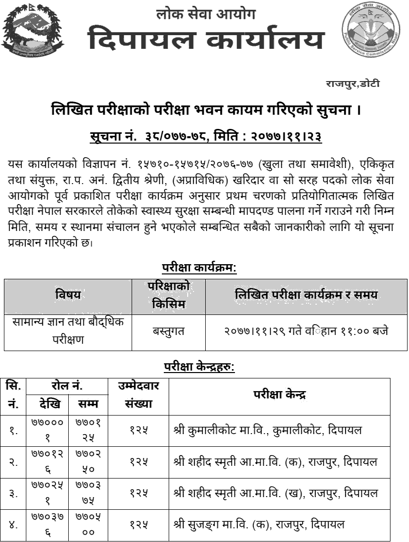 Kharidar 4th Level First Phase Exam Center Dipayal Lok Sewa Aayog