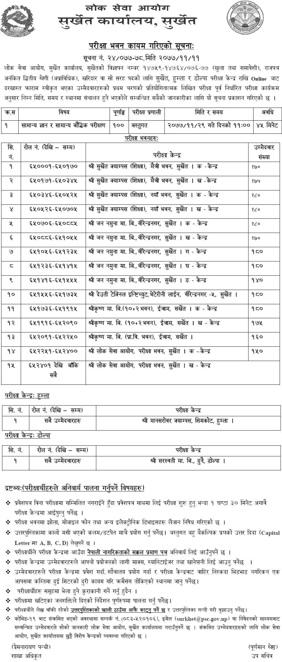 Kharidar 4th Level First Phase Exam Center Surkhet - Lok Sewa Aayog