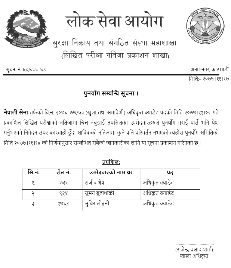 Nepal Army Officer Cadet Re-totaling Result