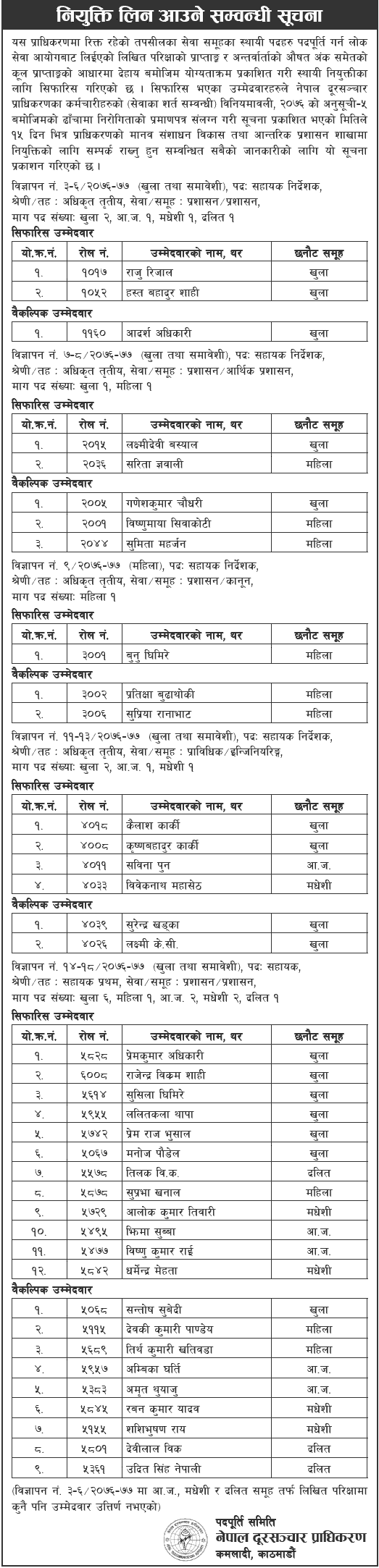 Nepal Telecommunication Authority (NTA) Notice for Appointment