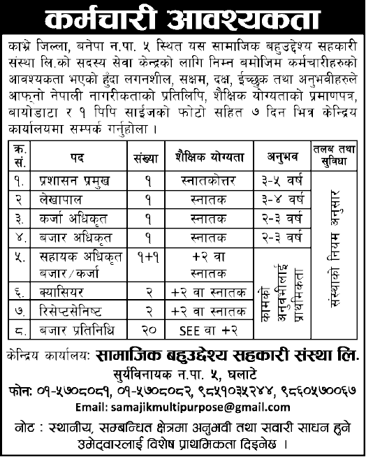 Samajik Multipurpose Cooperative Job Vacancy Announcement