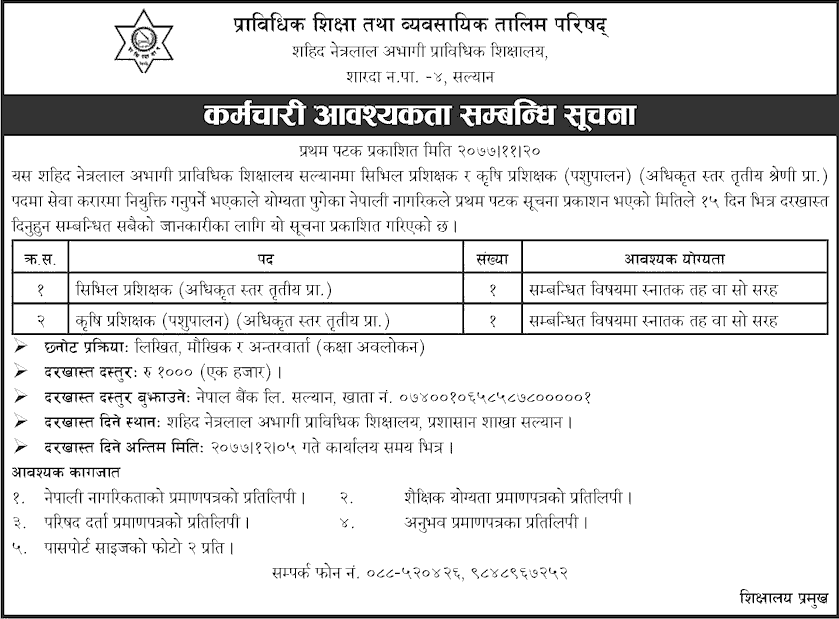 Shahid Netralal Abhagi Technical School Vacancy for Civil and Agriculture Trainer