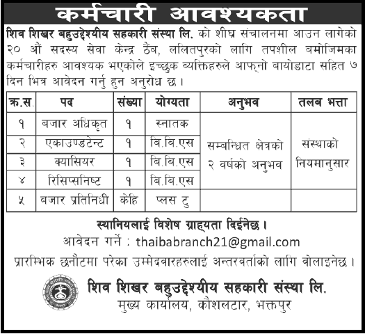 Shiva Shikhar Multipurpose Cooperative Limited Vacancy Announcement