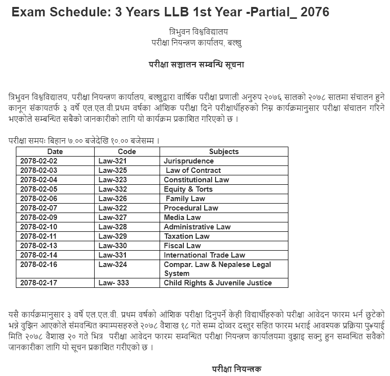 3 Years LLB 1st Year Partial 2076 Exam Schedule - Tribhuvan University
