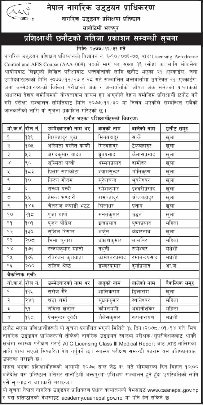Civil Aviation Academy Nepal (CAAN) Published Result of Trainee AAA-009