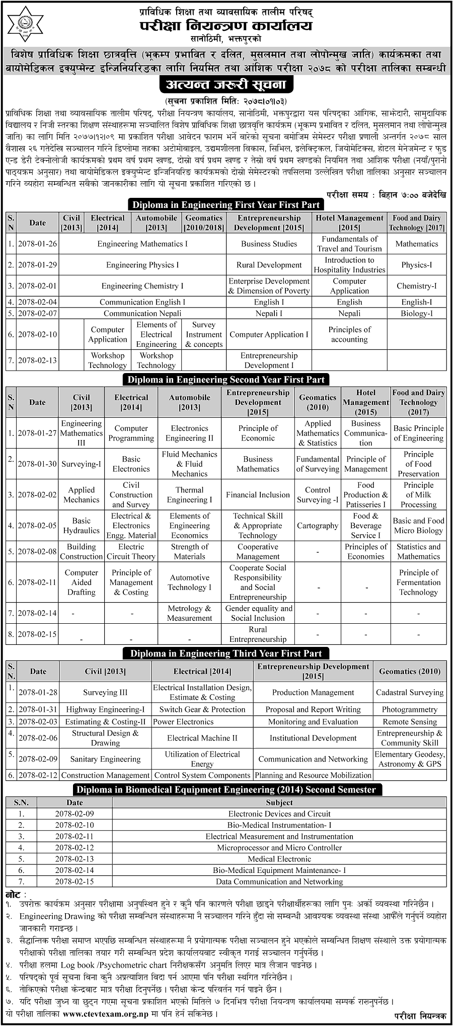 Diploma Level Exam Schedule for Special Technical Education  Regular  Partial First and Second Year - CTEVT