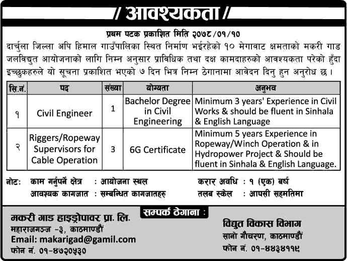 Makari Gad Hydropower Project Vacancy for Civil Engineer and Riggers Ropeway Supervisors