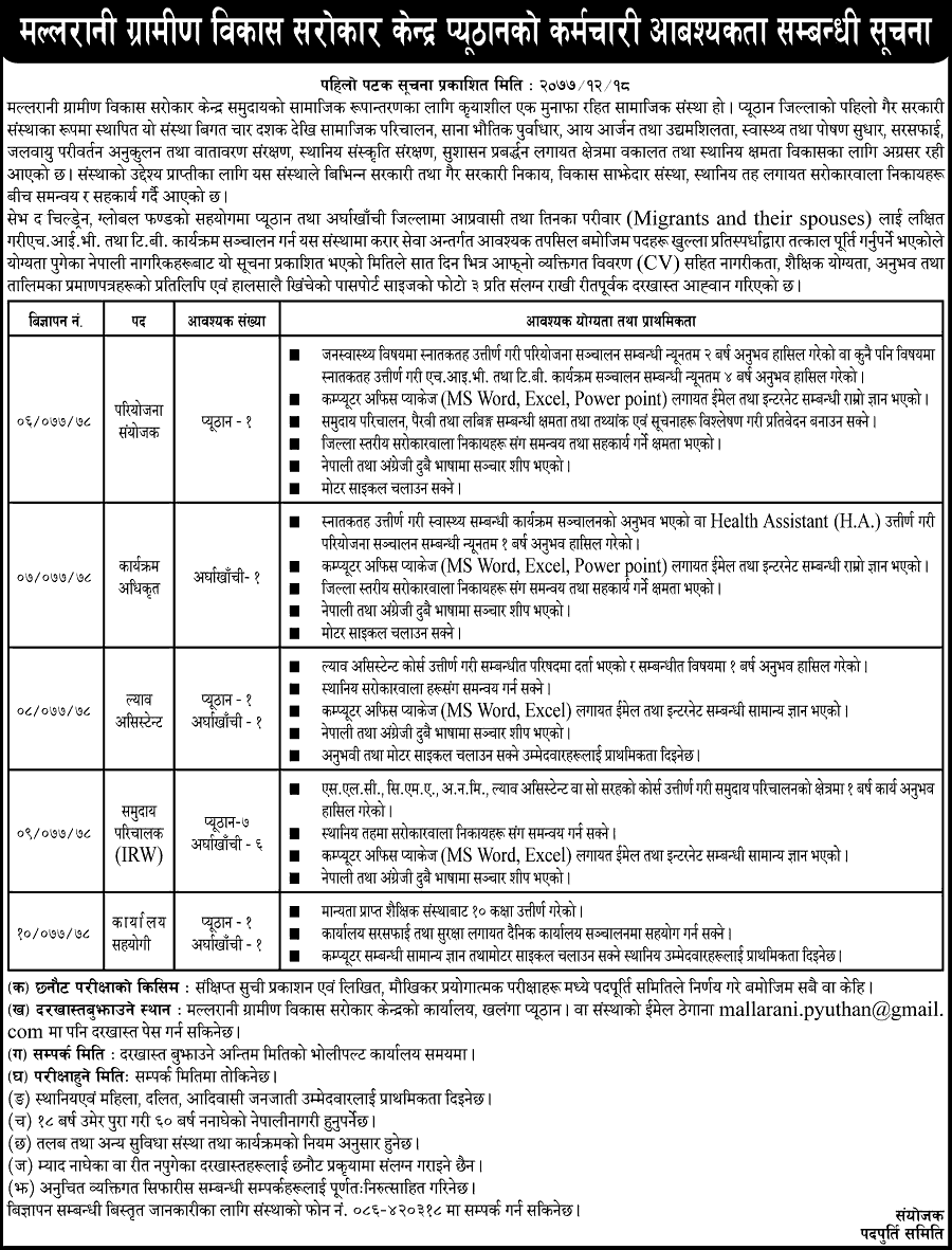 Mallarani Rural Development Concern Center Vacancy for Various Positions