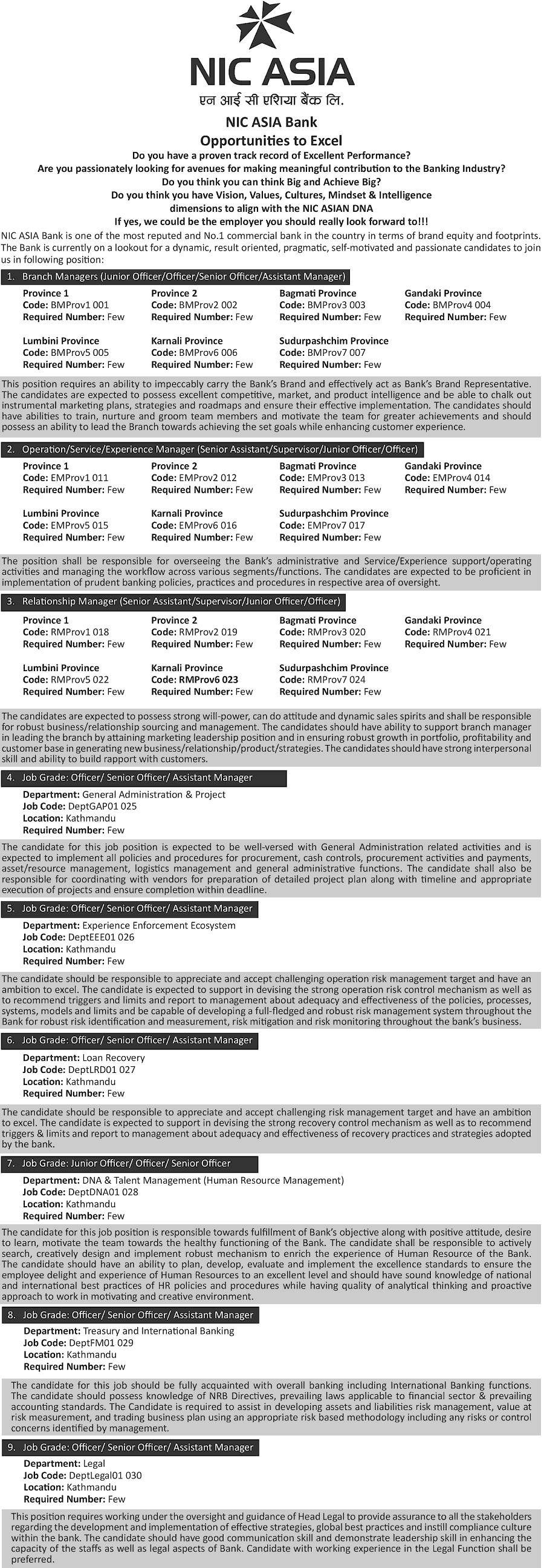 NIC ASIA Bank Job Vacancy Announcement for Various Positions from All 7 Provinces