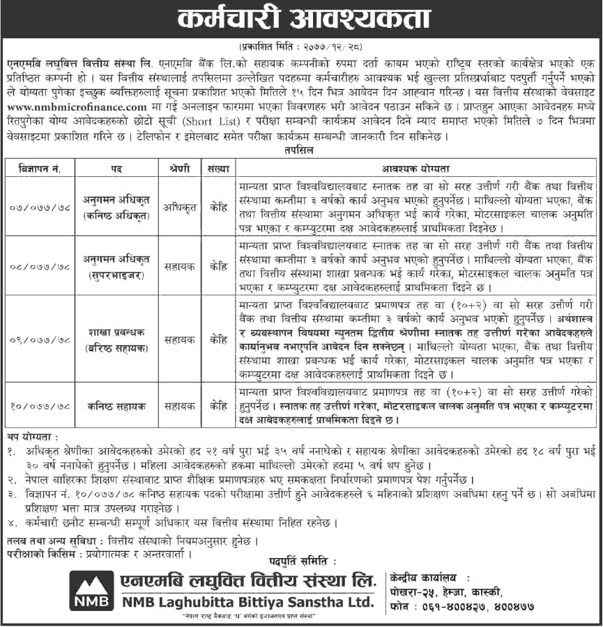 Nmb Laghubitta Bittiya Sanstha Limited Job Vacancy For Various Positions Nmb Laghubitta Bittiya Sanstha Limited Job Vacancy For Various Positions