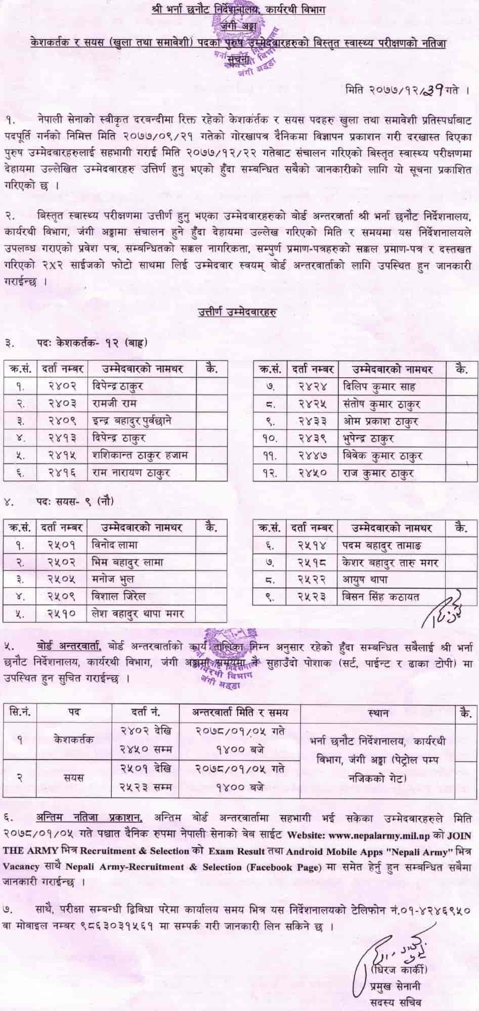 Nepal Army Keshkartak and Sayes Detailed Medical Examination Result (Male Candidates)