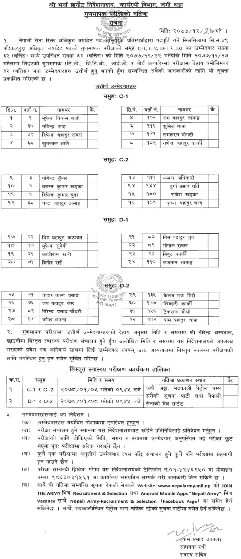 Nepal Army Officer Cadet (Hudda - JCO, NCO) Result of TO, JTO, IO and Board Conference