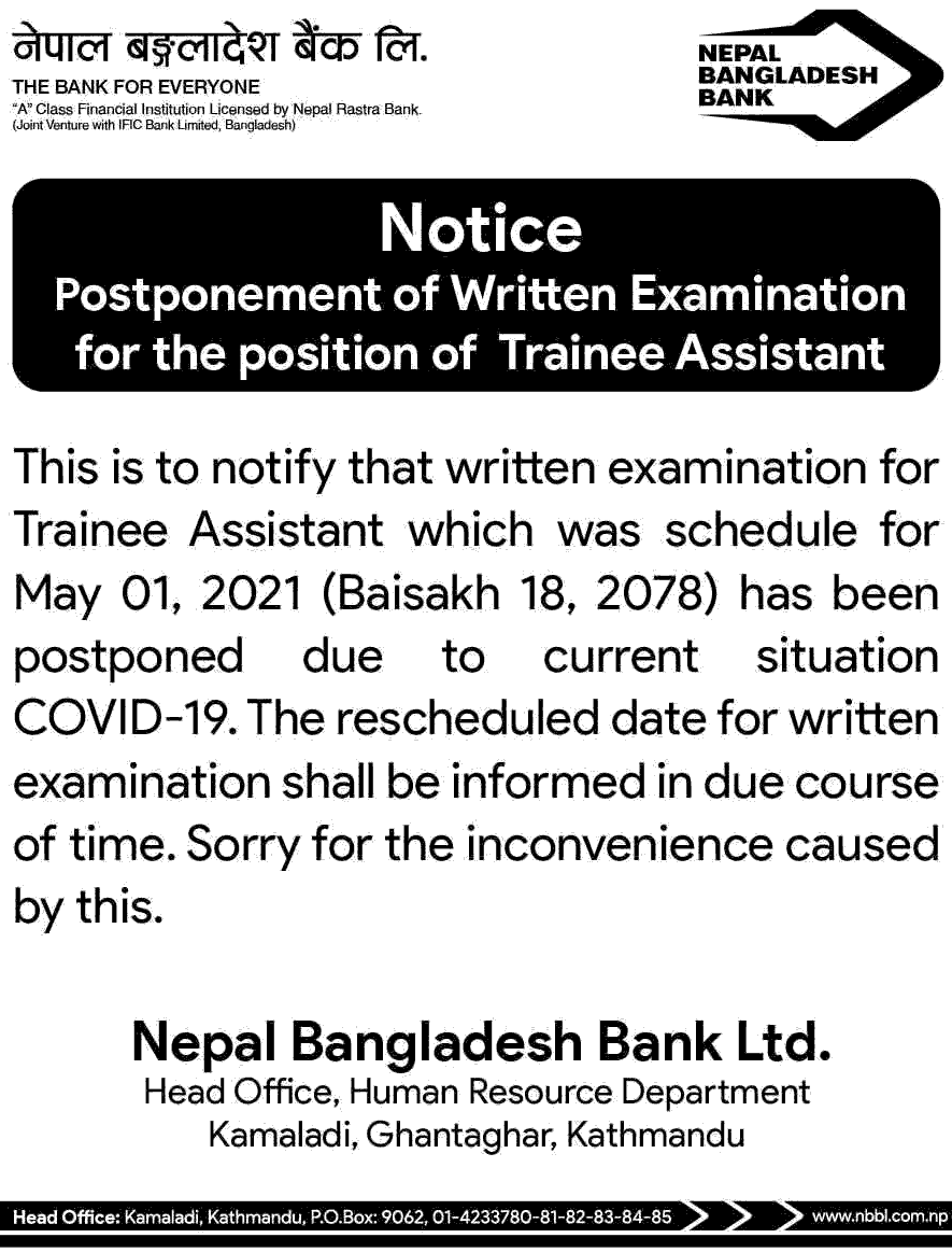 Nepal Bangladesh Bank Limited Postponement of Written Exam of Trainee Assistant