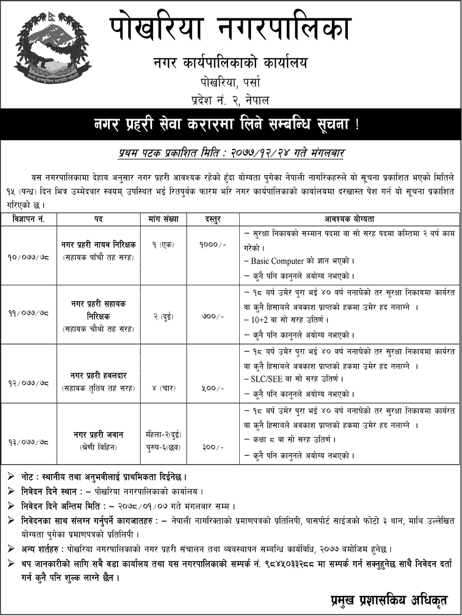 Pokhariya Municipality Vacancy for City Police SI, ASI, Constable, and Jawan Post