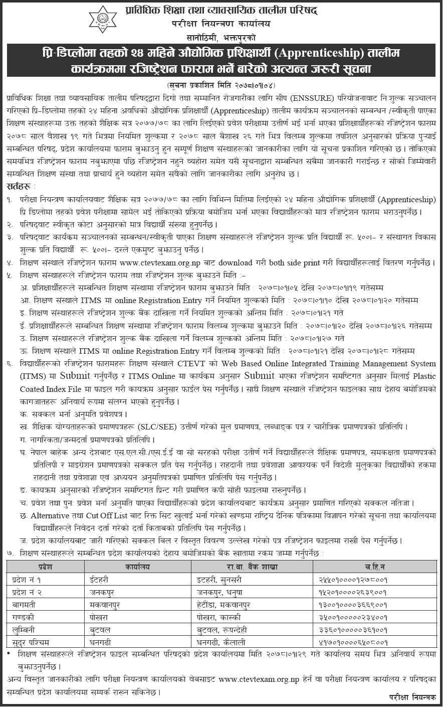 Registration Form Fill Up Notice for Industrial Apprenticeship Training Program - CTEVT