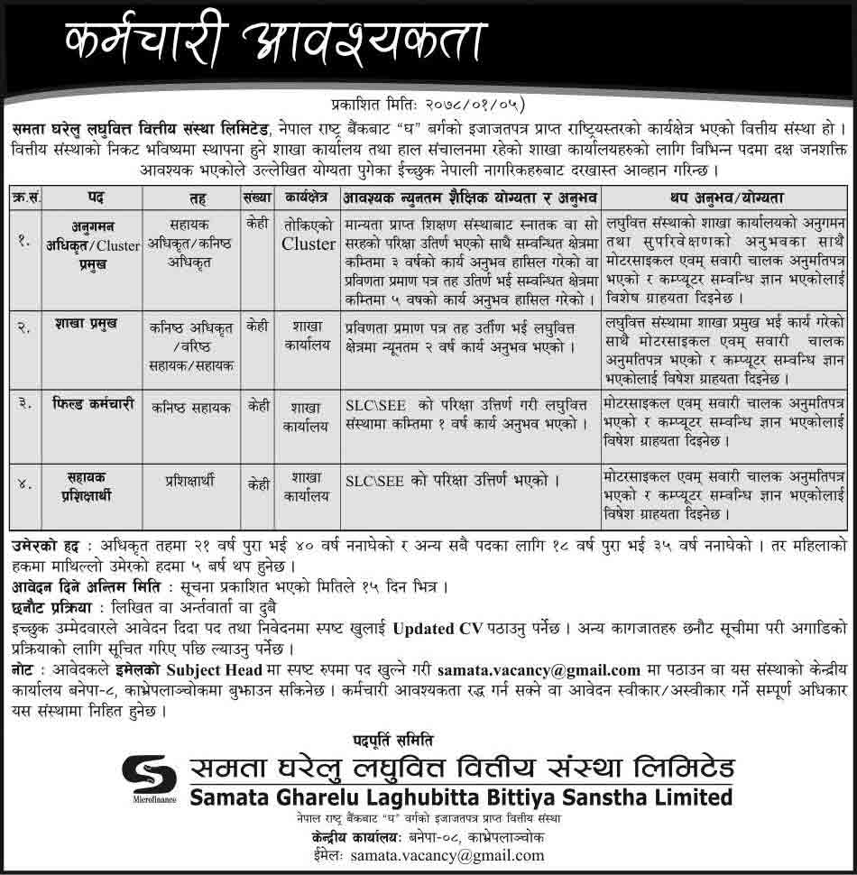 Samata Gharelu Laghubitta Bittiya Sanstha Limited Vacancy for Various Positions