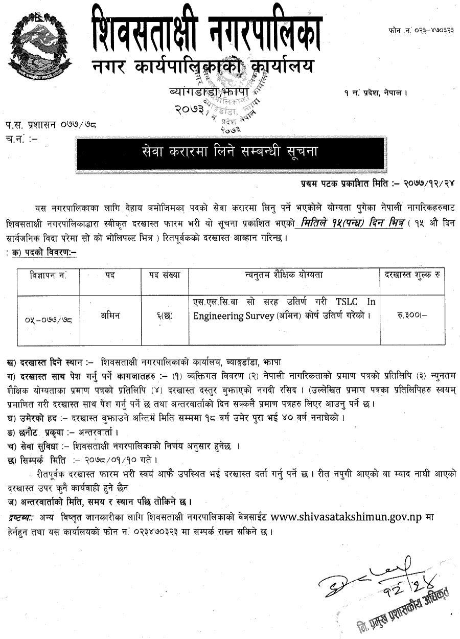 Shivasatakshi Municipality Vacancy for AMIN Shivasatakshi Municipality Vacancy for AMIN