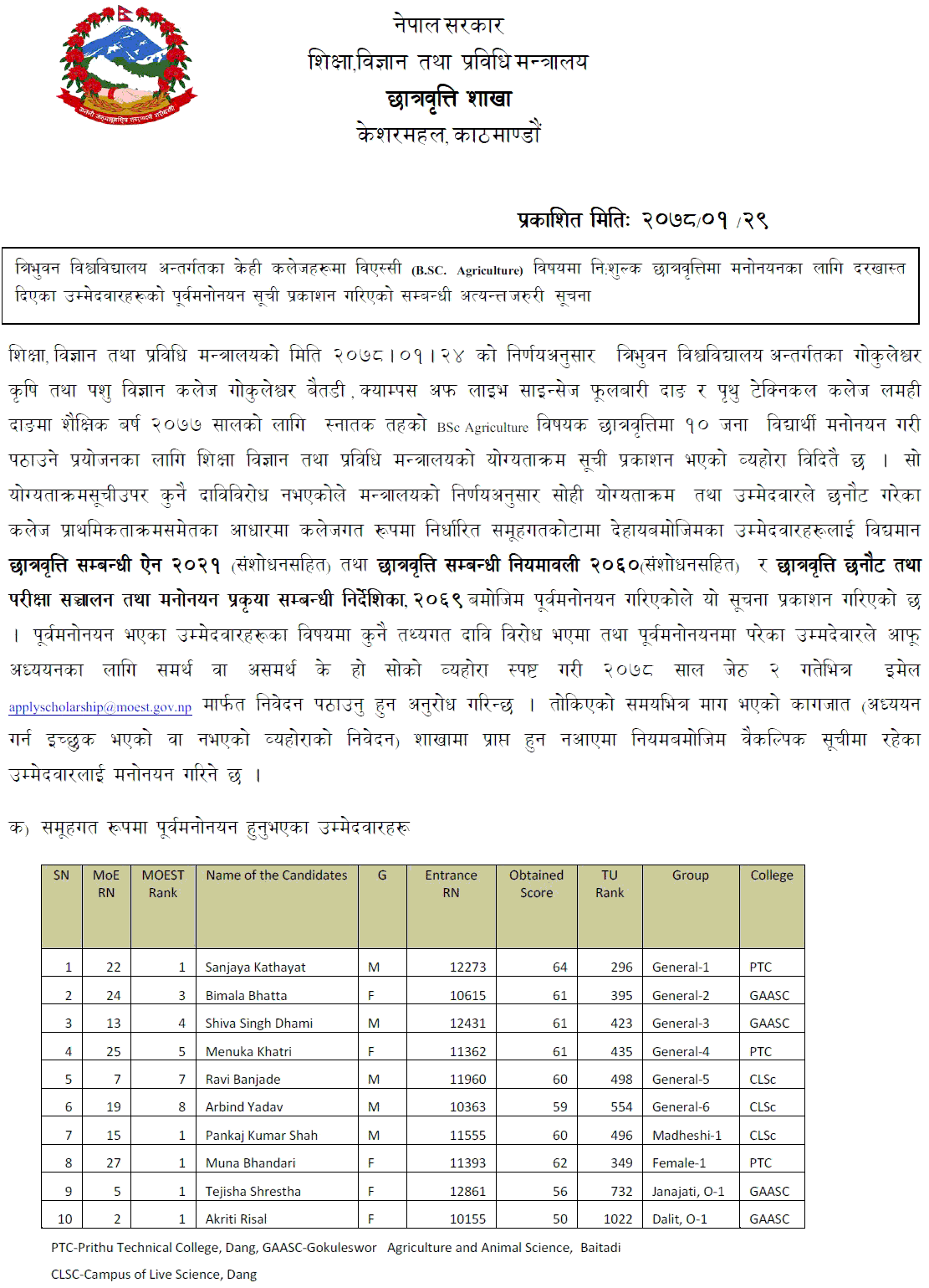 B.Sc. Ag. Free Scholarship Pre-nomination List Published - MoEST