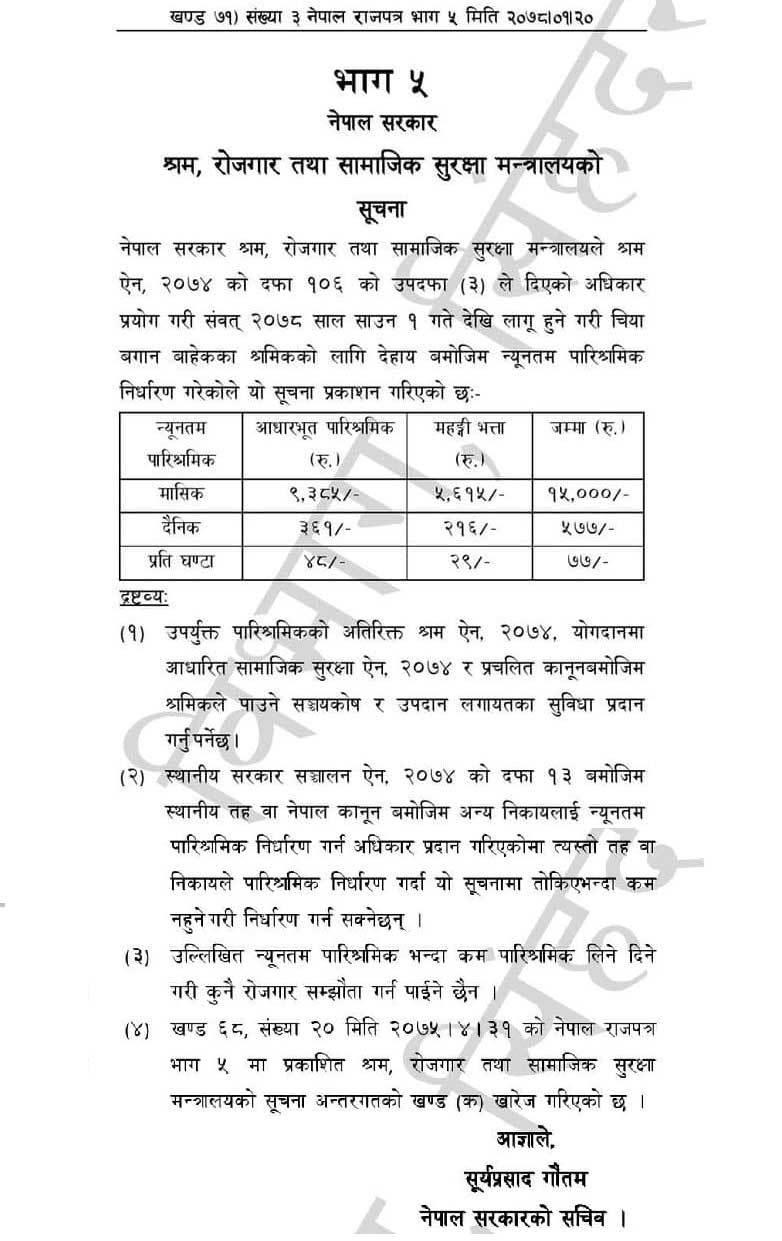 Government Fixed New Minimum Wages Rate of Labour in Nepal