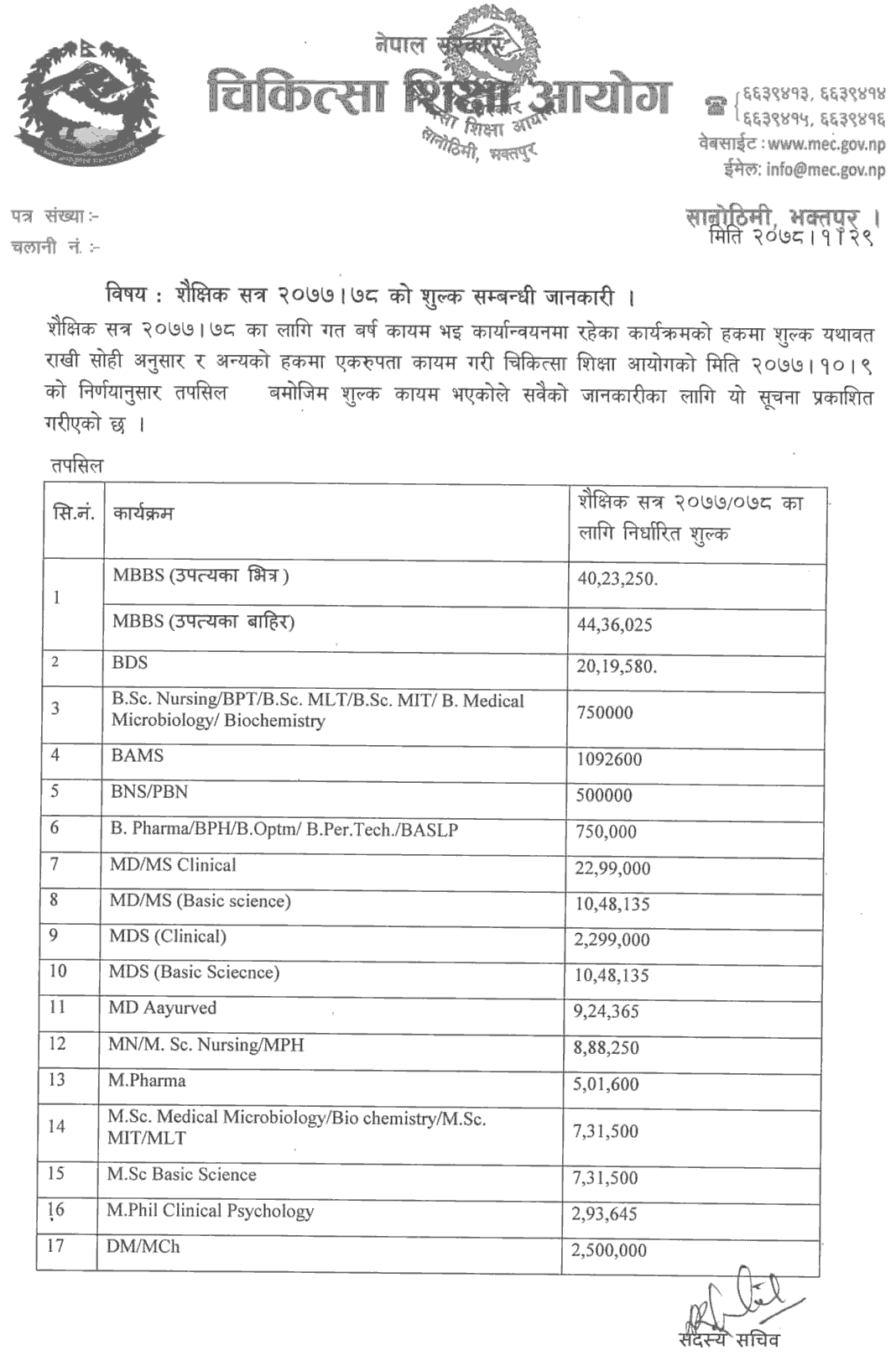 Medical Education Fees Structure in Nepal Medical Education Commission