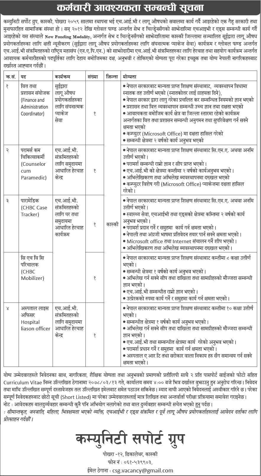 Community Support Group Job Vacancy for Various Positions