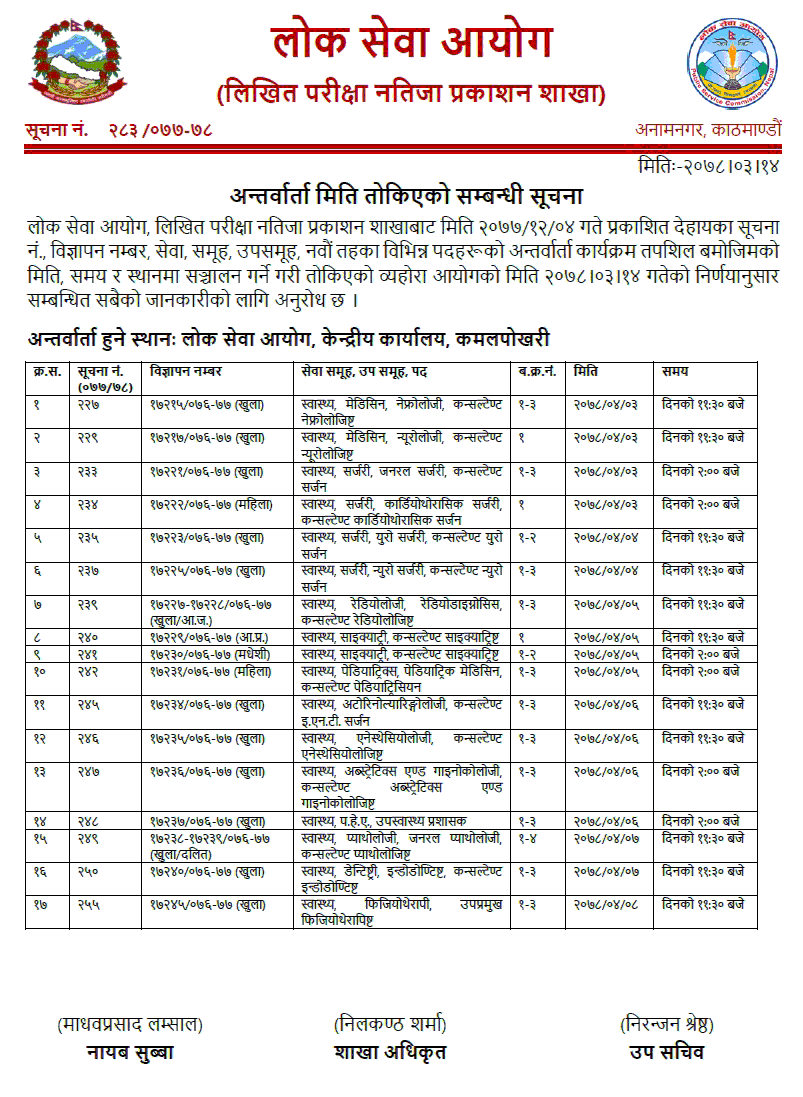 Lok Sewa Aayog Published Interview Schedule of 9th Level Health Services