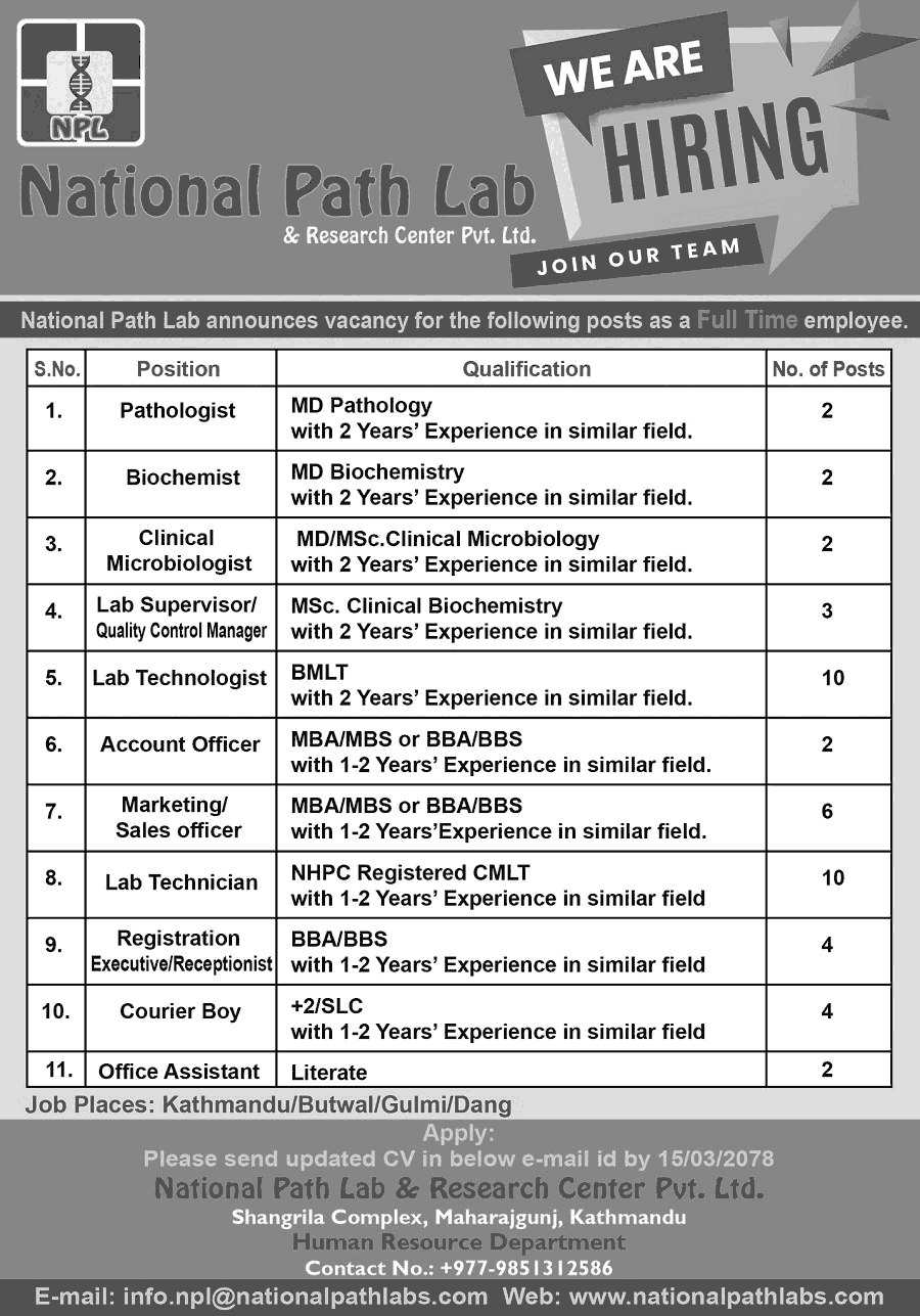 National Path Lab Job Vacancy for Various Positions