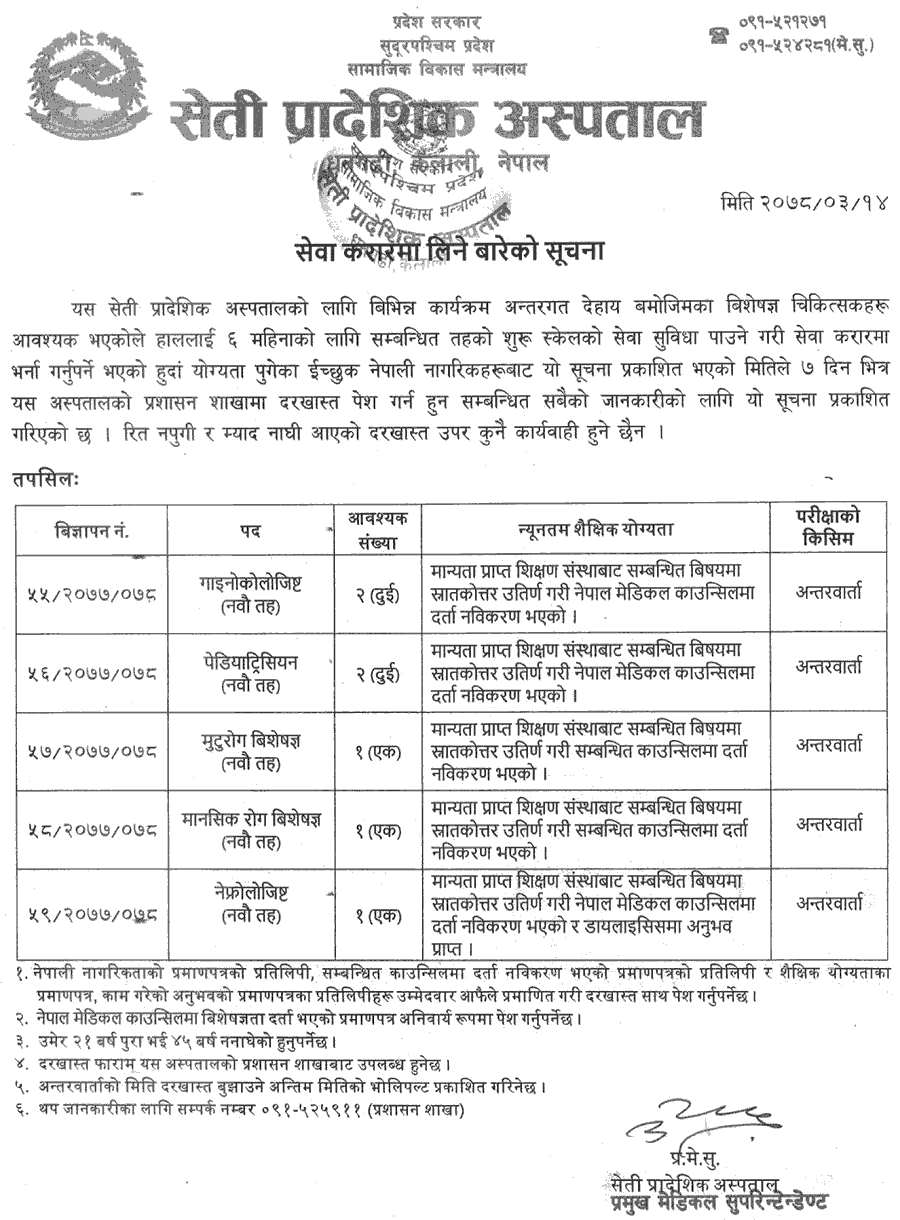 Seti Provincial Hospital Job Vacancy for Gynocologist, Pediatrician, Cardiologist, Psychiatrist and Nephrologist