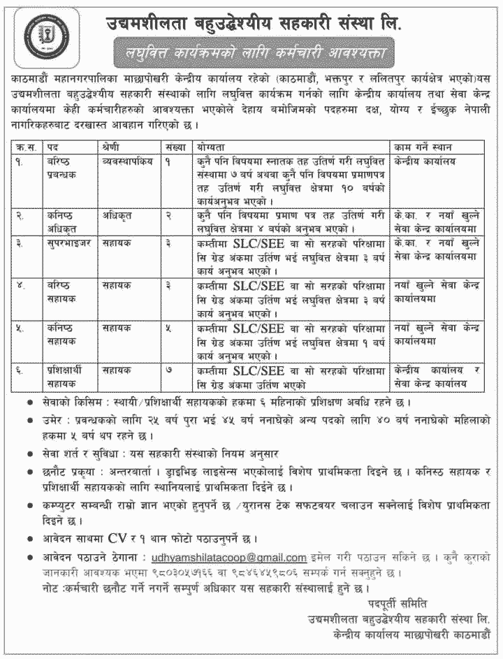 Udhyamshilata Sahakari Sanstha Limited Job Vacancy for Various Positions