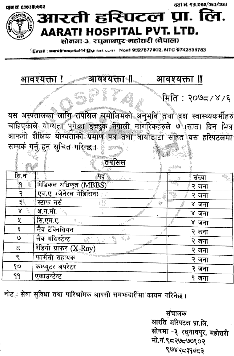 Aarati Hospital Job Vacancy for Various Health Services