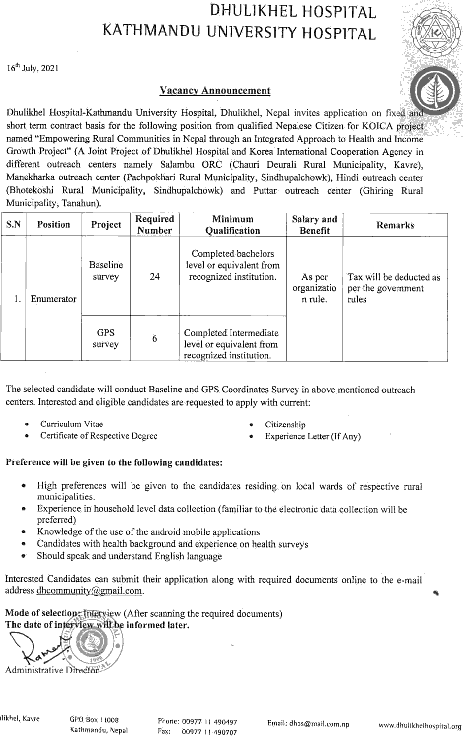 Dhulikhel Hospital (Kathmandu University Hospital) Vacancy for Enumerator Post