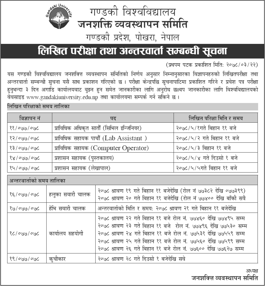 Gandaki University Written Exam and Interview Schedule for Employee Recruitment