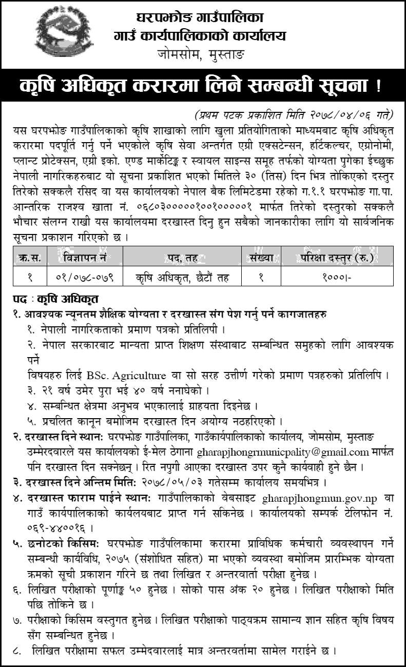 Gharapjhong Rural Municipality Vacancy for Agriculture Officer