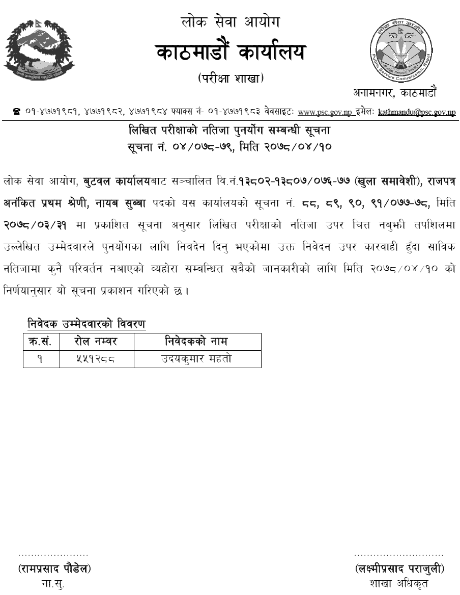 Lok Sewa Aayog Butwal Nayab Subba Re-totaling Result (Written Exam First Phase)