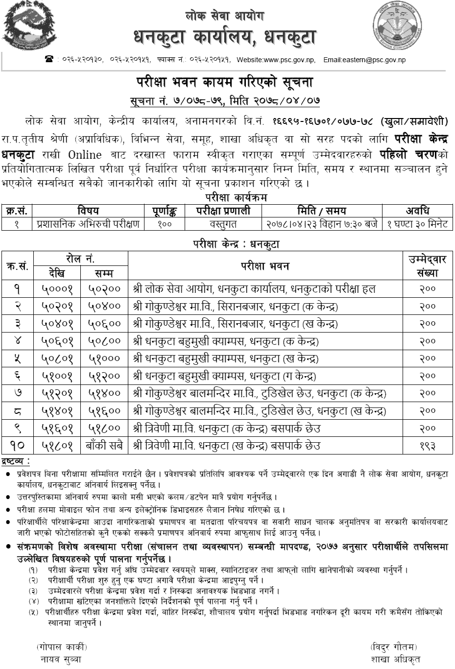 Lok Sewa Aayog Dhankuta Section Officer (Sakha Adhikrit) First Phase Written Exam Center