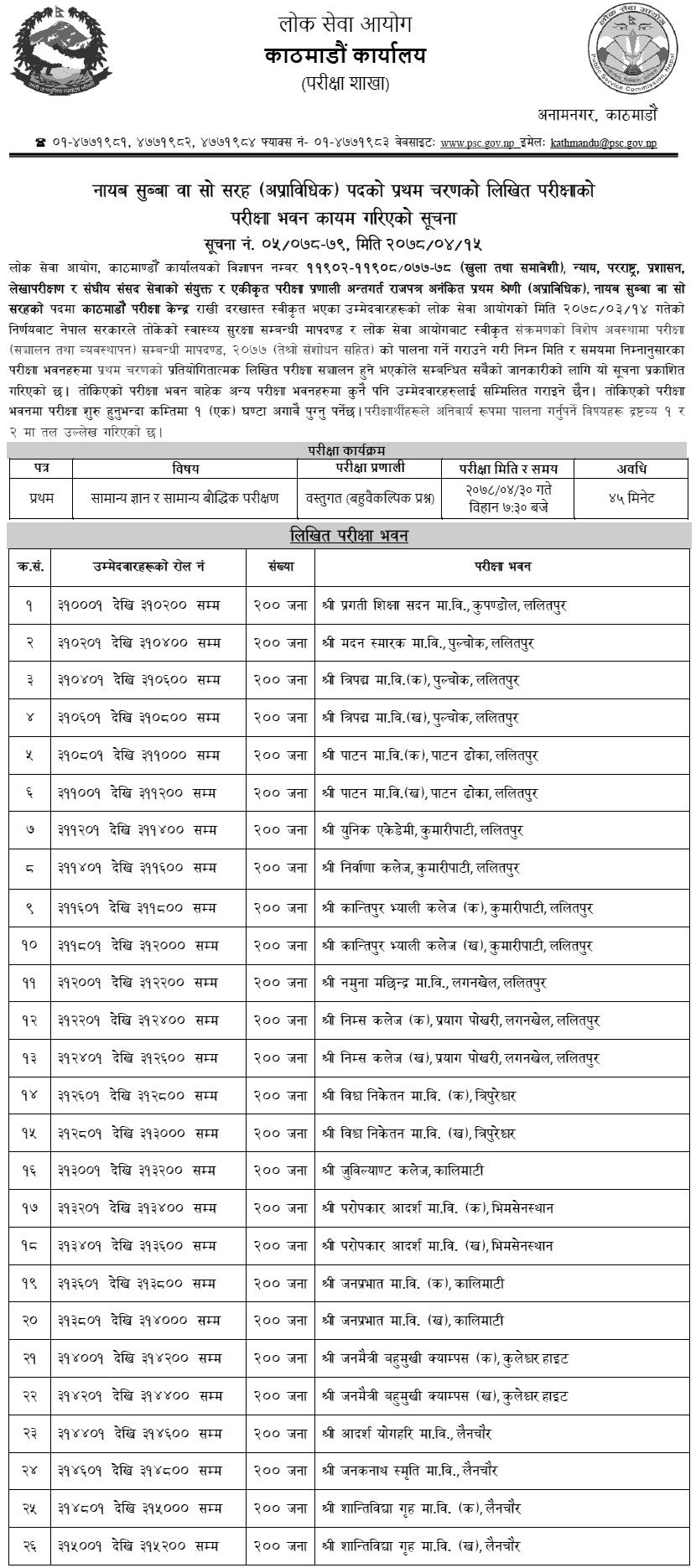 Lok Sewa Aayog Kathmandu Nayab Subba First Phase Written Exam Center