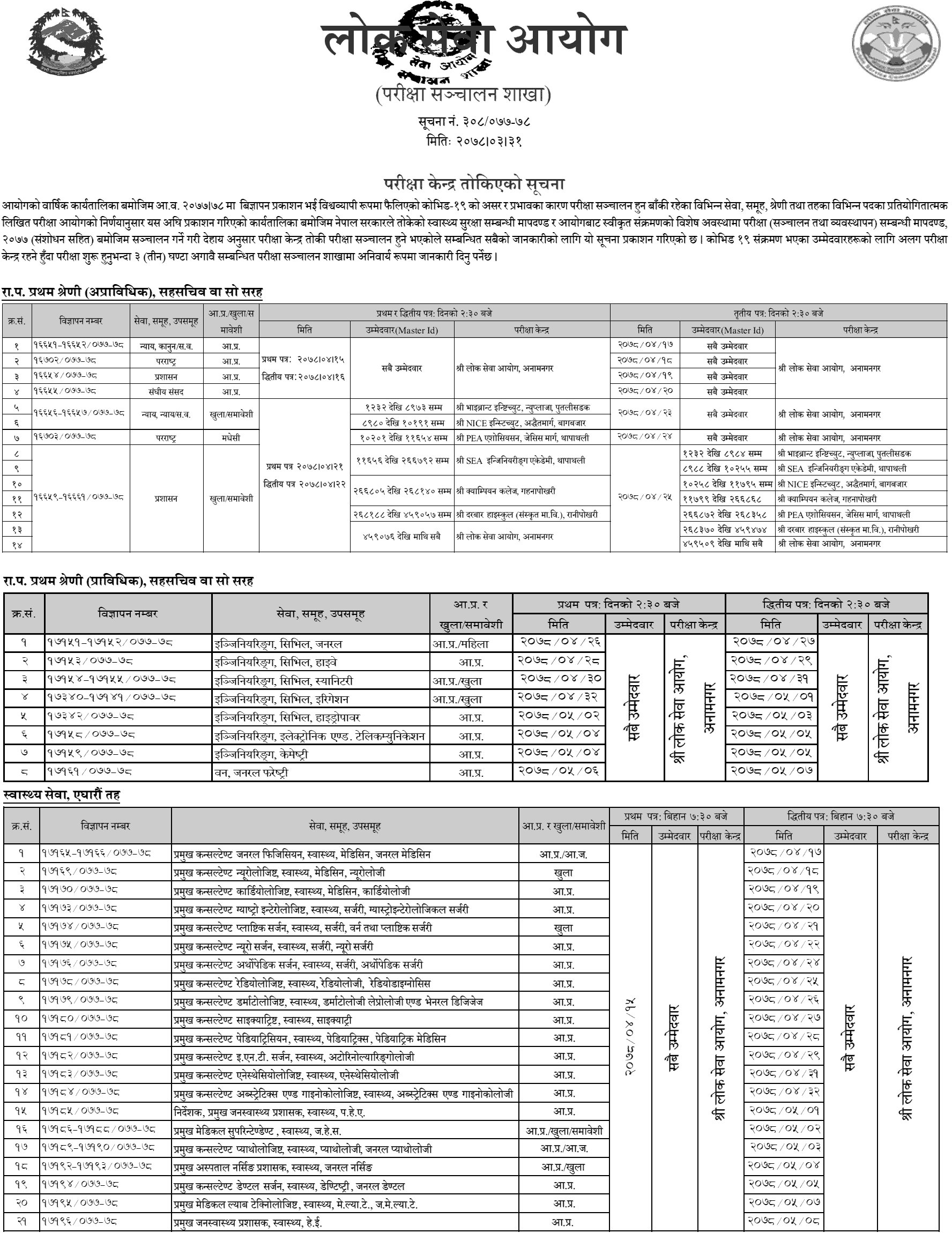 Lok Sewa Aayog Published Written Exam Center of Gazetted 1st and 2nd Class and Health (9th and 11th Level)