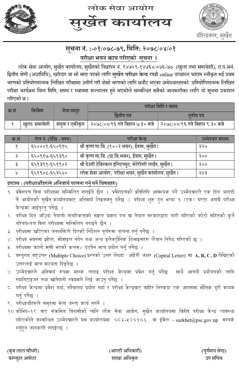 Lok Sewa Aayog Surkhet Kharidar Second Phase Written Exam Center