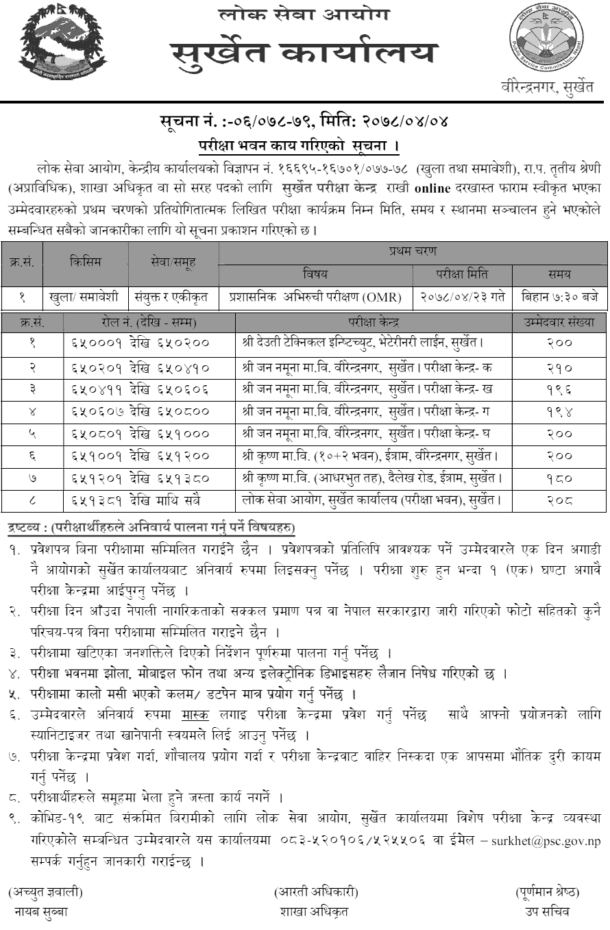 Lok Sewa Aayog Surkhet Section Officer (Sakha Adhikrit) First Phase Written Exam Center